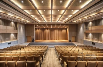 Современный актовый зал в полном рост: широкая сцена с закрытым ровным бежевым занавесом, несколько ступенчатых рядов мягких кресел с центральным проходом, боковые балконы с перилами, тёплое сценическое и потолочное светодиодное освещение, нейтральная бежево-серая палитра отделки, обилие светлого тёплого дерева и аккуратные металлические элементы в ограждениях и потолочных конструкциях.