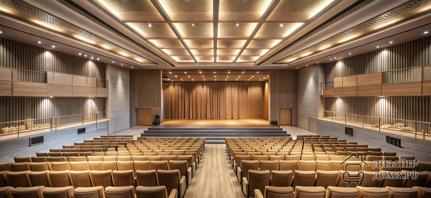 Современный актовый зал в полном рост: широкая сцена с закрытым ровным бежевым занавесом, несколько ступенчатых рядов мягких кресел с центральным проходом, боковые балконы с перилами, тёплое сценическое и потолочное светодиодное освещение, нейтральная бежево-серая палитра отделки, обилие светлого тёплого дерева и аккуратные металлические элементы в ограждениях и потолочных конструкциях.