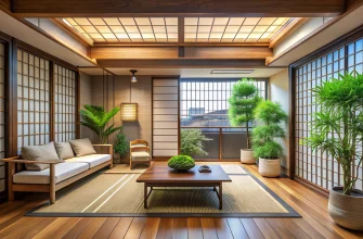 Привлекательный минималистичный интерьер в японском стиле с деревянным полом, раздвижными шторками-сёдзи, низким деревянным столиком на татами, простой деревянной софой с подушками, креслом, крупными зелёными растениями в горшках и мягким дневным светом, проникающим с балкона с видом на город.