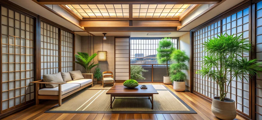 Привлекательный минималистичный интерьер в японском стиле с деревянным полом, раздвижными шторками-сёдзи, низким деревянным столиком на татами, простой деревянной софой с подушками, креслом, крупными зелёными растениями в горшках и мягким дневным светом, проникающим с балкона с видом на город.