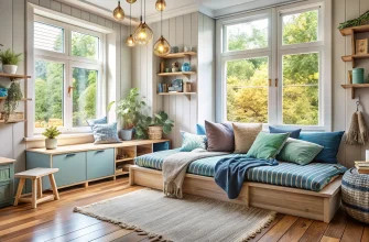 Светлая детская с тремя большими окнами, пыльно‑голубыми акцентами в текстиле и мебели, тёплым деревянным полом в бохо-стиле, низкой кроватью-диваном с множеством подушек, уютным уголком для чтения у окна и аккуратными системами хранения в виде открытых полок и тумбочек с растениями и декором