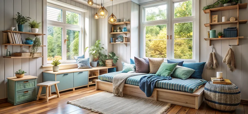 Светлая детская с тремя большими окнами, пыльно‑голубыми акцентами в текстиле и мебели, тёплым деревянным полом в бохо-стиле, низкой кроватью-диваном с множеством подушек, уютным уголком для чтения у окна и аккуратными системами хранения в виде открытых полок и тумбочек с растениями и декором