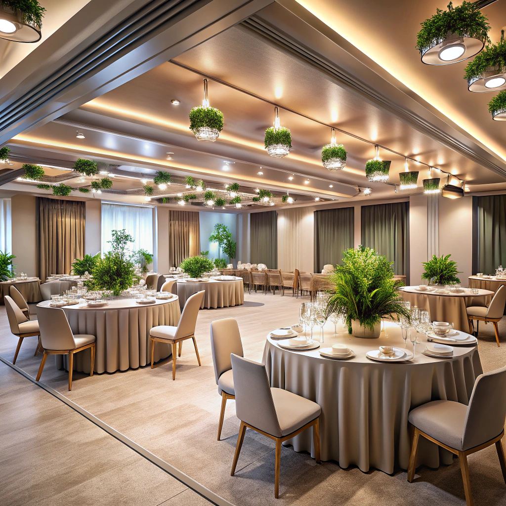 Интерьер банкетного зала в современном стиле: длинные столы с нейтральной скатертью, мягкое потолочное освещение, декоративные перегородки, гибкая модульная сцена и акцентные растения. Показаны варианты расстановки столов для банкетов и фуршетов.