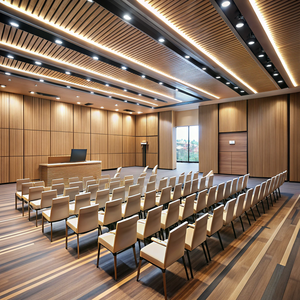 Широкий вид современного конференц-зала: ряд модульных кресел, подиум со сценой и экраном, акустические панели на стенах, тёплый паркет, подвесные линейные светильники и зона регистрации у входа. Показана логика проходов и зон.