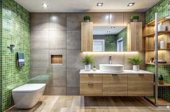 Компактная ванная 180×180 в современном стиле: серая плитка RAL 7036 на стене, белая сантехника, узкая HPL-тумба под раковину с текстурой дерева, вертикальная зелёная мозаика как акцент, мягкое точечное освещение и небольшая гипсовая ниша для декора.