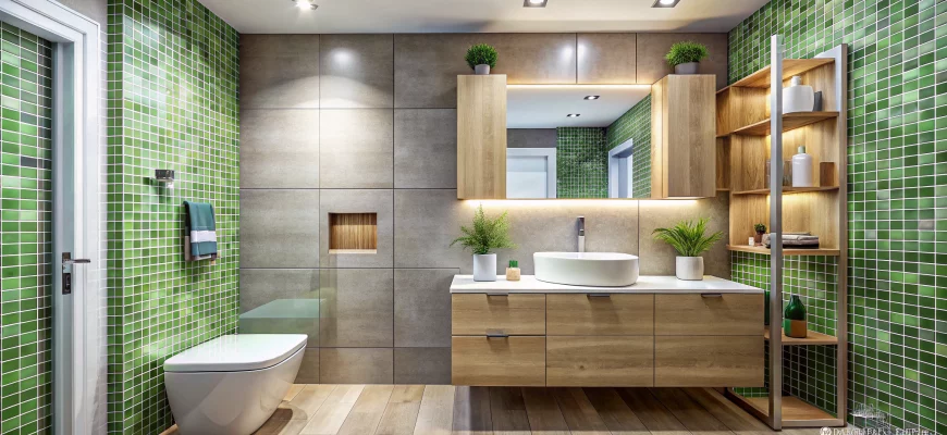 Компактная ванная 180×180 в современном стиле: серая плитка RAL 7036 на стене, белая сантехника, узкая HPL-тумба под раковину с текстурой дерева, вертикальная зелёная мозаика как акцент, мягкое точечное освещение и небольшая гипсовая ниша для декора.