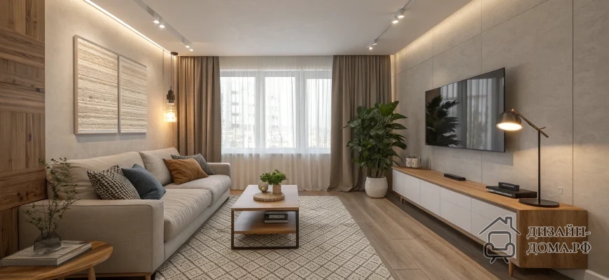 Стильная уютная гостиная в современном минималистичном стиле: светлый диван вдоль стены с деревянными панелями и парой фактурных картин, перед ним низкий прямоугольный журнальный стол из дерева на крупном геометрическом ковре, у окна с плотными шторами и тюлем — большое зелёное растение в белом кашпо, напротив аккуратная длинная медиа-тумба с подвешенным телевизором и настольной лампой, мягкий рассеянный свет от трековых и скрытых подсветок, спокойная натуральная палитра бежевых, серых и деревянных оттенков.