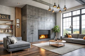 дизайн гостиной 4 на 5, камин в интерьере лофт, бетонные стены и бетонные панели вокруг камина, большие панорамные окна с графитовыми рамами, белые стены в сочетании с коричневым деревянным полом, дверь цвета графит, интерьер с двумя шкафами и открытым стеллажом, встроенные подоконники Danke, серый диван и кресло в стиле лофт, подвесные светильники и минималистичный журнальный столик