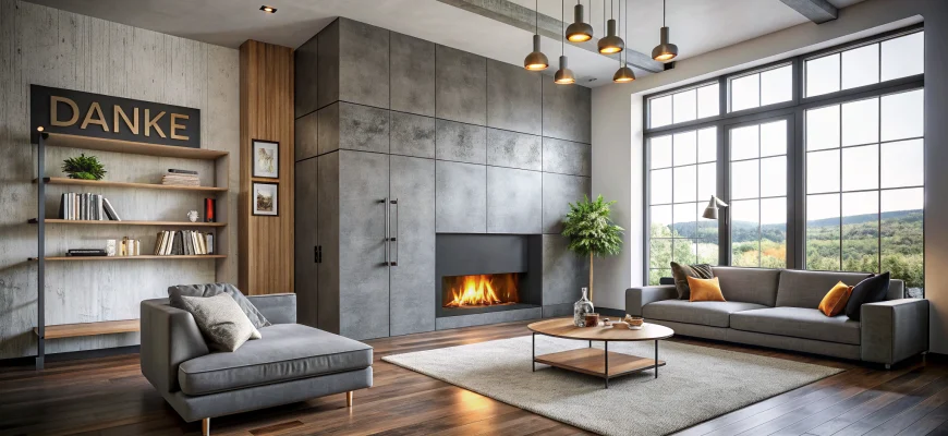 дизайн гостиной 4 на 5, камин в интерьере лофт, бетонные стены и бетонные панели вокруг камина, большие панорамные окна с графитовыми рамами, белые стены в сочетании с коричневым деревянным полом, дверь цвета графит, интерьер с двумя шкафами и открытым стеллажом, встроенные подоконники Danke, серый диван и кресло в стиле лофт, подвесные светильники и минималистичный журнальный столик