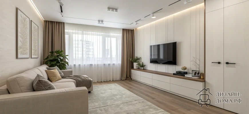 Фотография светлой прямоугольной гостиной 5×3 м в нейтральной бежево‑белой палитре: вдоль одной длинной стены стоит прямой светлый диван с подушками и пледом, над ним две графичные картины и крупное комнатное растение; напротив, вдоль другой длинной стены — встроенная ТВ-зона с настенным телевизором, длинной тумбой и закрытыми шкафами для хранения, украшенными декором и растениями; на короткой стене — большое окно с лёгкими белыми тюлями и плотными бежевыми портьерами, на полу светлый ковёр и деревянный пол, освещение выполнено в виде встроенных и трековых светильников, создавая стильную, просторную и логичную планировку.