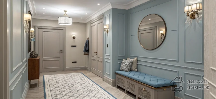 Фотография прямого коридора в частном доме в холодной палитре: светло‑серый пол, светло‑серые двери и плинтусы, пыльно‑голубые стеновые панели, длинная голубовато‑серая дорожка на полу, аккуратная скамья‑лавочка с голубой мягкой сидушкой и декоративными подушками, большое круглое зеркало над ней, настенные бра с мягким тёплым светом и встроенная точечная подсветка на белом потолке.