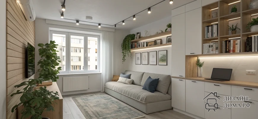 Прямоугольная светлая комната в скандинавском стиле, вид от входа: у окна с белыми шторами стоит длинный светло‑бежевый диван с подушками, над ним — ряд подсвеченных настенных полок с книгами, растениями и графическими постерами. Вдоль правой длинной стены размещены белые модульные шкафы и открытые ниши с подсветкой, образующие рабочую зону с деревянной столешницей и ноутбуком. Слева — деревянная панельная стена с подвесным телевизором и низкой тумбой, на которой и на полу стоят крупные зелёные растения. Потолок с чёрными трековыми светильниками, на полу светлый ламинат и мягкий ковёр.