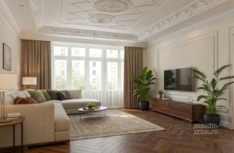 Светлая открытая гостиная в едином стиле: тёплый коричневый паркет ёлочкой, декоративный белый потолок с лепниной и встроенной подсветкой, большие окна с лёгкими белыми и плотными бежевыми шторами, светлый угловой диван с подушками, круглый журнальный столик и ковёр нейтрального оттенка, зелёные крупные растения в горшках, деревянная тумба под настенный телевизор и минималистичный декор.