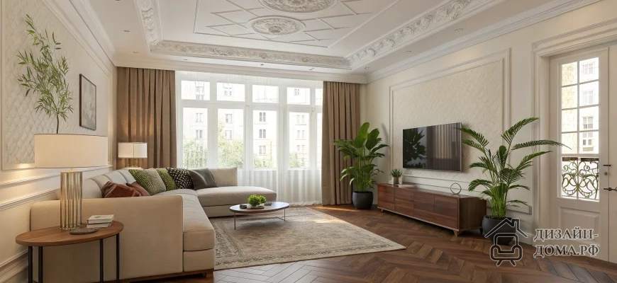 Светлая открытая гостиная в едином стиле: тёплый коричневый паркет ёлочкой, декоративный белый потолок с лепниной и встроенной подсветкой, большие окна с лёгкими белыми и плотными бежевыми шторами, светлый угловой диван с подушками, круглый журнальный столик и ковёр нейтрального оттенка, зелёные крупные растения в горшках, деревянная тумба под настенный телевизор и минималистичный декор.