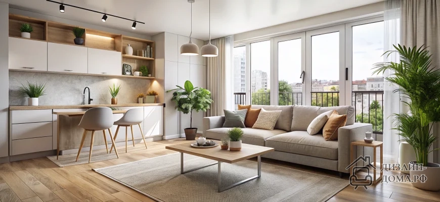 Светлая современная квартира в одном кадре: гостиная с бежевым диваном, журнальным столиком и ковром, совмещена с кухней‑нишей с белыми фасадами и деревянной столешницей, обеденной зоной с двумя стульями у барной стойки; вдоль всей стены — большие застеклённые двери на балкон с видом на город, нейтральные пастельные тона, деревянный пол, текстиль и множество комнатных растений.