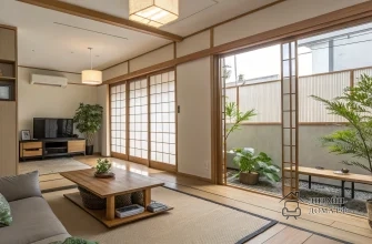 Светлая открытая гостиная в японском стиле с низким деревянным столом на татами, серым диваном с зелёными подушками, минималистичной мебелью под телевизор, встроенным шкафом, крупными комнатными растениями и раздвижными шодзи, которые открываются во внутренний дворик с галькой, деревянной скамьёй и зелёными растениями при мягком естественном освещении.