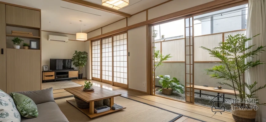 Светлая открытая гостиная в японском стиле с низким деревянным столом на татами, серым диваном с зелёными подушками, минималистичной мебелью под телевизор, встроенным шкафом, крупными комнатными растениями и раздвижными шодзи, которые открываются во внутренний дворик с галькой, деревянной скамьёй и зелёными растениями при мягком естественном освещении.
