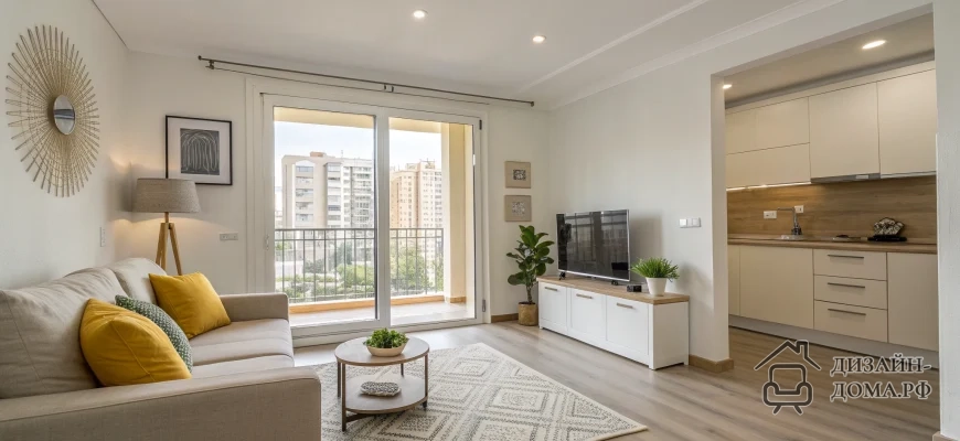 Светлая современная квартира в минималистичном стиле: уютная гостиная с бежевым диваном и яркими подушками, светлый ковёр и круглый журнальный столик, телевизор на лаконичной тумбе и зелёные растения, большие окна с выходом на балкон с видом на город и естественным светом, а также открытая кухня в нейтральных тонах с ровными фасадами и деревянными акцентами.