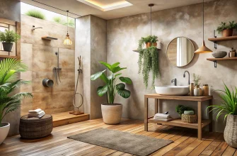 Светлая современная ванная комната с просторной открытой душевой зоной, стенами с матовой таделакт‑отделкой и деревянным полом в тёплых тонах. Вдоль стен расставлены крупные зелёные растения в глиняных и плетёных кашпо, у душа стоит деревянная скамья и плетёный пуф с аккуратно сложенными полотенцами. Справа — деревянная тумба с круглой накладной раковиной, минималистичным смесителем и натуральными аксессуарами, над ней круглое зеркало и подвесной светильник в тёплом свете. На стене полки с декоративной керамикой и растениями, на полу мягкий коврик — общая атмосфера спа с натуральными фактурами и элементами бохо.
