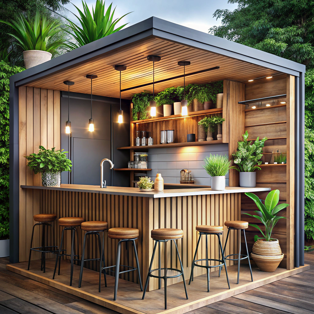 Кофейня в контейнере: компактная барная стойка, бариста-станция, несколько барных стульев у окна, деревянная отделка, зелёные растения и подвесные лампы; показаны решения хранения и рабочего пространства.