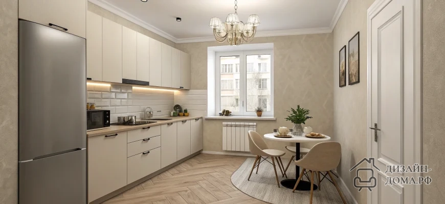 Фотография светлой кухни в молочно‑бежевой палитре: прямой гарнитур с матовыми фасадами без ручек наверху и с чёрными ручками внизу, встроенная подсветка фартука с белой плиткой «кабанчик», высокий серебристый холодильник слева, столешница с мойкой, микроволновкой и небольшой техникой, светлый ламинат под ёлочку, у окна белый подоконник и радиатор, круглый белый стол на двоих с бежевыми стульями на ковре, над столом классическая люстра, на стене две картины и минимум декора.