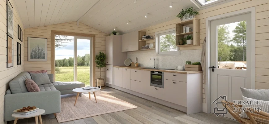 Светлый открытый интерьер модульного дома в молочных и бежевых тонах: компактная гостиная с серым угловым диваном и журнальными столиками, встроенная линейная кухня с матовыми фасадами и деревянной столешницей, светлые деревянные полы, текстильный ковер и подушки, потолок с точечным освещением, большие окна и стеклянная дверь с видом на зелёный луг, много естественного света и зелёных растений в декоре.