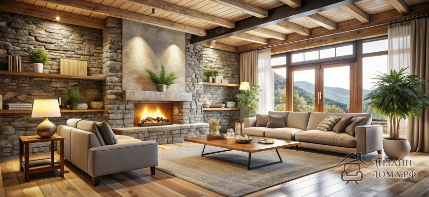 Просторная гостиная первого этажа: акцентная стена из фактурного камня, встроенный камин в лофт-стиле, большие графитовые окна, деревянные балки и мягкая нейтральная мебель. Тёплый свет, натуральные текстуры, растения.