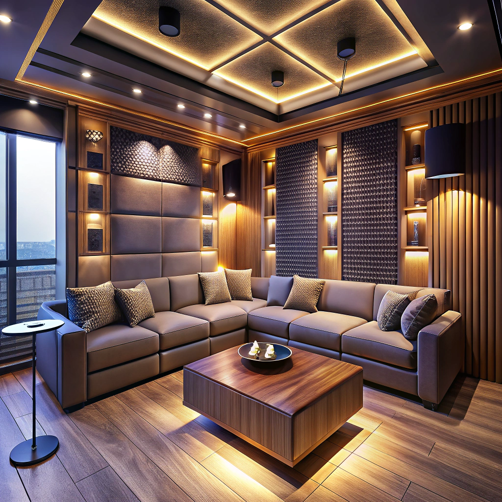 Интерьер караоке-лофта: общая лаунж-зона с диванами и баром, на заднем плане — несколько отдельных комнат с дверями и акустическими панелями; тёплые бархатные ткани, акцентные светильники, деревянные и графитовые оконные рамы.