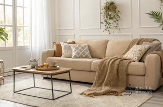 Светлая гостиная в тёплых бежево-кашемировых тонах: большой бежевый диван с мягкими фактурными пледами и декоративными подушками, перед ним прямоугольный кофейный стол из светлого дерева с чёрным металлическим каркасом, на котором стоят чайник, чашка и плетёная тарелка с лимонами. На полу — светлый фактурный ковёр, слева — круглый приставной столик с растением в стеклянной вазе, справа и на стене — зелёные комнатные растения, в том числе пальма и подвесное кашпо. Комнату заливает мягкий естественный свет из больших окон с тонкими белыми шторами.