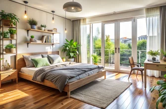 Светлая уютная спальня с выходом на балкон: деревянная кровать в центре комнаты у панорамных стеклянных дверей, лёгкие светлые шторы, деревянный пол, множество зелёных комнатных растений по периметру, прикроватная тумба и открытые полки с декором, а у окна аккуратная рабочая зона с деревянным столом и стулом.