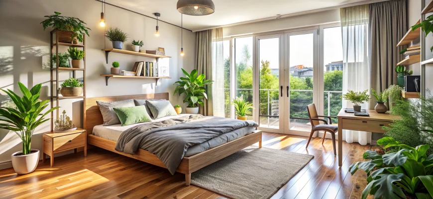 Светлая уютная спальня с выходом на балкон: деревянная кровать в центре комнаты у панорамных стеклянных дверей, лёгкие светлые шторы, деревянный пол, множество зелёных комнатных растений по периметру, прикроватная тумба и открытые полки с декором, а у окна аккуратная рабочая зона с деревянным столом и стулом.