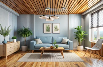 Светлая современная гостиная: голубой диван у стены с двумя растительными постерами, тёплый рыжеватый деревянный пол с бежевым ковром, аккуратный реечный потолок из светлого дерева, минималистичный деревянный журнальный стол с декором и несколькими зелёными растениями в горшках, комод слева и белый стул у большого окна с жалюзи справа.