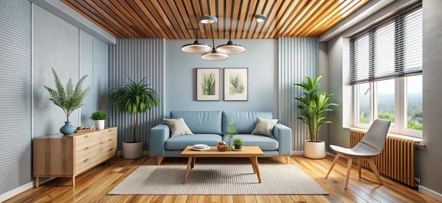 Светлая современная гостиная: голубой диван у стены с двумя растительными постерами, тёплый рыжеватый деревянный пол с бежевым ковром, аккуратный реечный потолок из светлого дерева, минималистичный деревянный журнальный стол с декором и несколькими зелёными растениями в горшках, комод слева и белый стул у большого окна с жалюзи справа.