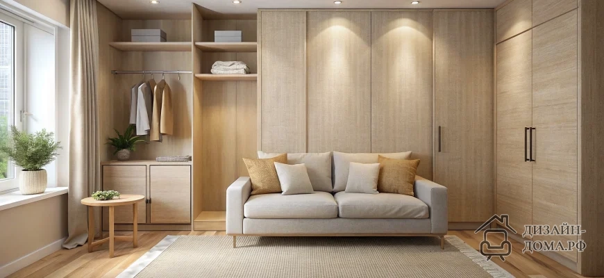 Компактная светлая комната с диваном и встроенным шкафом-купе, одна акцентная стена оклеена бежевой мешковиной, натуральный пол, минималистичный декор, удобные места хранения и мягкое освещение.