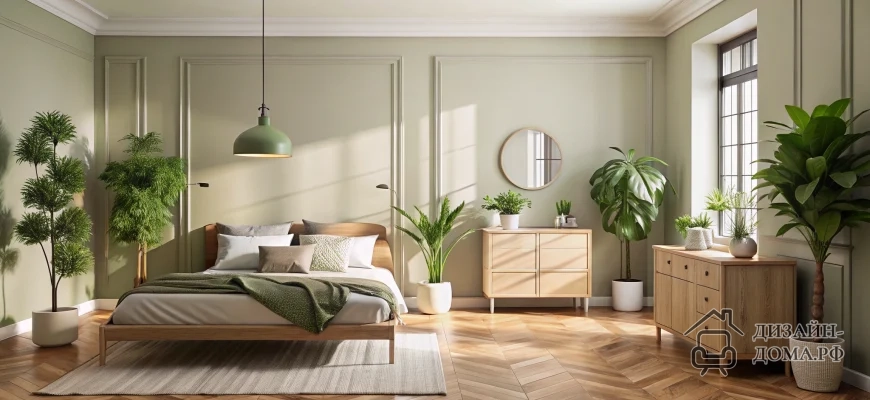 Светлая спальня в мягкой молочно‑оливковой гамме: просторный интерьер с пастельно‑зелёными стенами с декоративными панелями, тёплым светлым паркетом «ёлочкой», низкой деревянной кроватью с белым бельём и зелёным текстилем, двумя светлыми деревянными комодами вдоль стены, подвесным зелёным светильником, большим окном с чёрной рамой, мягким светлым ковром и множеством крупных и мелких зелёных растений в светлых кашпо.