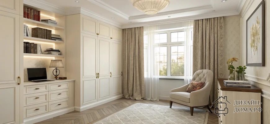 Светлый классический интерьер в молочных тонах: кремовые стены с декоративными панелями, встроенный шкаф и комод с белыми фасадами и золотистой фурнитурой, мягкое бежевое кресло с декоративной подушкой, светлый деревянный пол с ёлочной раскладкой и крупный ковёр в тон, высокое окно с белой тюлевой шторой и плотными бежевыми портьерами, открытые полки с подсветкой и книгами, настольная лампа и ноутбук на встроенном столе, на комоде — книги и стеклянные вазы с растениями, на потолке крупная круглая люстра из светлого стекла.