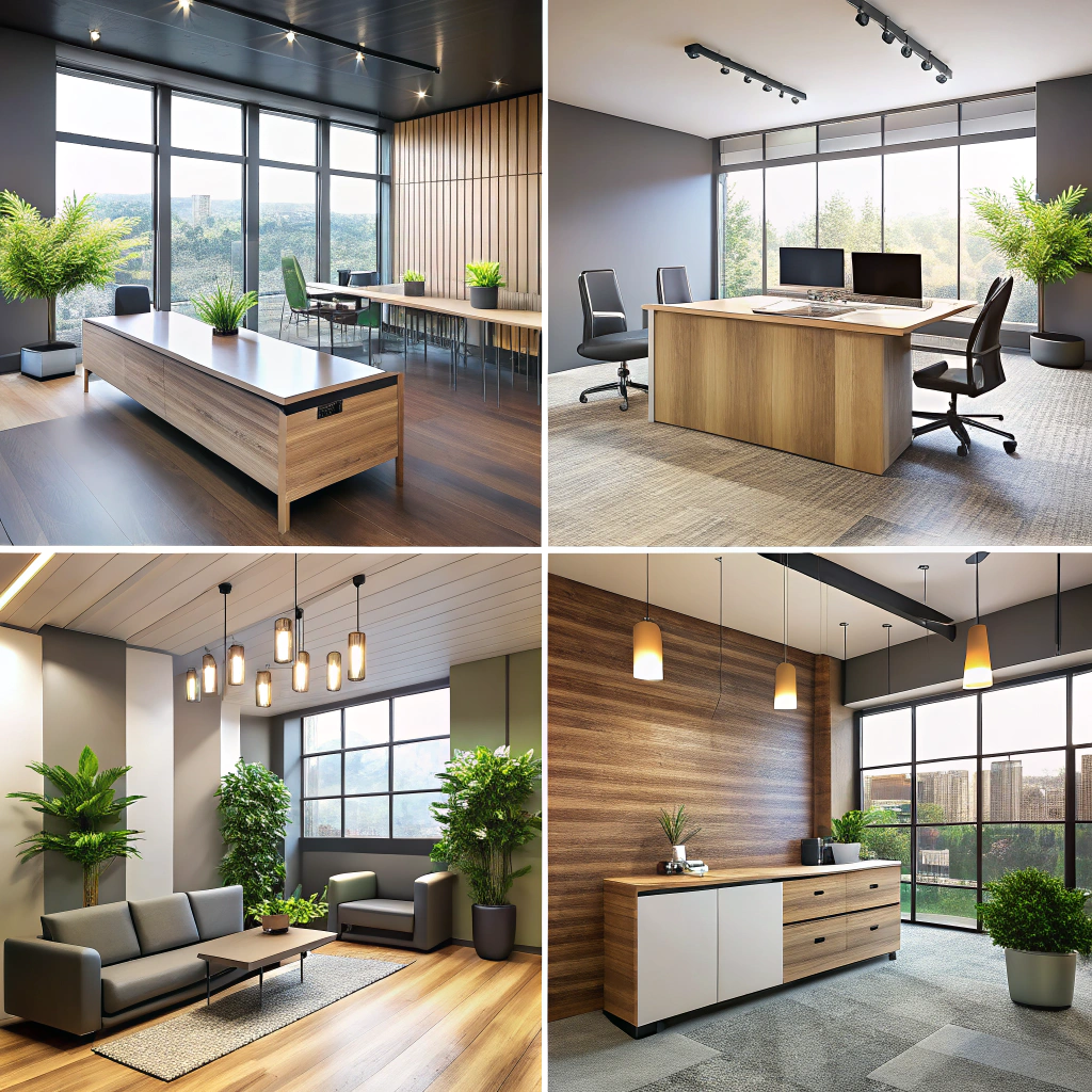 Офисный планировочный коллаж (единое фото большой open-space коммерческого интерьера): ресепшн, рабочие острова, небольшая переговорная и зона для кофе; натуральные оттенки, графитовые окна и продуманная маршрутизация.