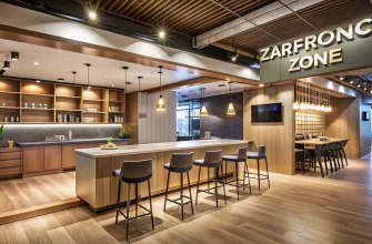 Современный многофункциональный коммерческий интерьер — открытая зона с баром и сидячими местами, на заднем плане видны отдельные комнаты караоке и стеклянная перегородка конференц-зоны; натуральные материалы, тёплые нейтральные тона, акцентная подсветка.