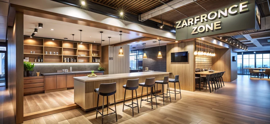 Современный многофункциональный коммерческий интерьер — открытая зона с баром и сидячими местами, на заднем плане видны отдельные комнаты караоке и стеклянная перегородка конференц-зоны; натуральные материалы, тёплые нейтральные тона, акцентная подсветка.