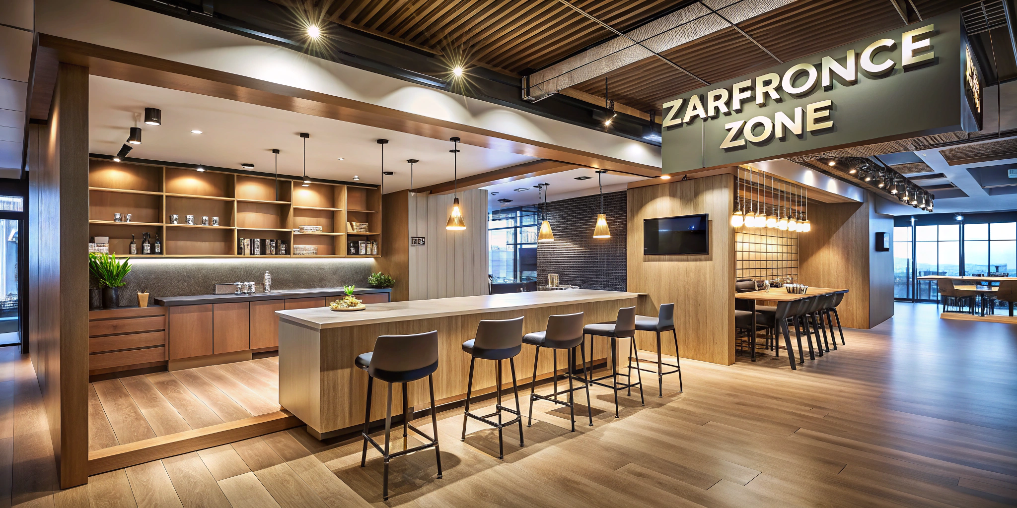 Современный многофункциональный коммерческий интерьер — открытая зона с баром и сидячими местами, на заднем плане видны отдельные комнаты караоке и стеклянная перегородка конференц-зоны; натуральные материалы, тёплые нейтральные тона, акцентная подсветка.