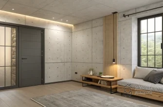 Минималистичная комната с декоративными стенами и потолком из светлого бетона, графитовой входной дверью с остеклённой боковой вставкой, крупным окном в графитовых рамах с видом на зелёные деревья, простым деревянным диваном‑кроватью со светло‑серым матрасом и тёплыми серо‑бежевыми подушками, низким деревянным столом с книгами и декором на фоне вертикальной деревянной рейки, светлым деревянным полом, серым ковром и мягким рассеянным освещением из скрытой подсветки и подвесного светильника.