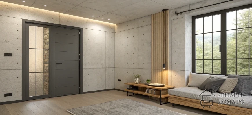 Минималистичная комната с декоративными стенами и потолком из светлого бетона, графитовой входной дверью с остеклённой боковой вставкой, крупным окном в графитовых рамах с видом на зелёные деревья, простым деревянным диваном‑кроватью со светло‑серым матрасом и тёплыми серо‑бежевыми подушками, низким деревянным столом с книгами и декором на фоне вертикальной деревянной рейки, светлым деревянным полом, серым ковром и мягким рассеянным освещением из скрытой подсветки и подвесного светильника.