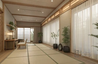 Сдержанный японский интерьер с татами: длинная комната из светлого дерева с раздвижными перегородками, низким столом и стулом, натуральными льняными шторами вдоль панорамных окон, живыми зелёными растениями в тёмных горшках и мягким рассеянным освещением, создающим спокойную вдохновляющую атмосферу.