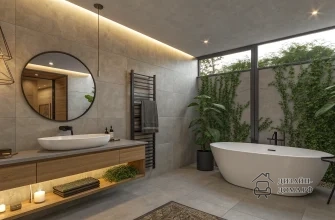 Современная панорамная ванная комната с крупноформатной серой отделкой стен и пола под бетон, свободно стоящей овальной ванной, большим круглым зеркалом над широкой тумбой из светлого дерева с подсветкой, подвесными геометрическими светильниками, тёплым мягким освещением по периметру потолка, чёрной сушкой для полотенец и множеством зелёных растений и вертикальным озеленением вдоль остеклённой стены.