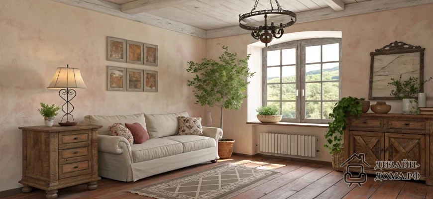 Светлая гостиная в стиле прованс: мягко оштукатуренные пастельные стены, выбеленный деревянный потолок с балками, состаренная деревянная мебель – комод с кованой лампой и большой буфет справа, бежевый льняной диван с декоративными подушками, теплый рыжевато-коричневый деревянный пол с светлым ковром, винтажная кованая люстра под потолком, большие окна в деревянных рамах с видом на зелёный пейзаж и несколько горшечных растений у окна и на мебели.