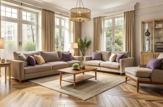 Полноэкранная фотография светлой гостиной в едином стиле: золотистый дуб на полу и мебели, тауп‑текстиль, коричнево‑фиолетовые акценты, большая рама окна и аккуратная расстановка мебели — естественный свет.