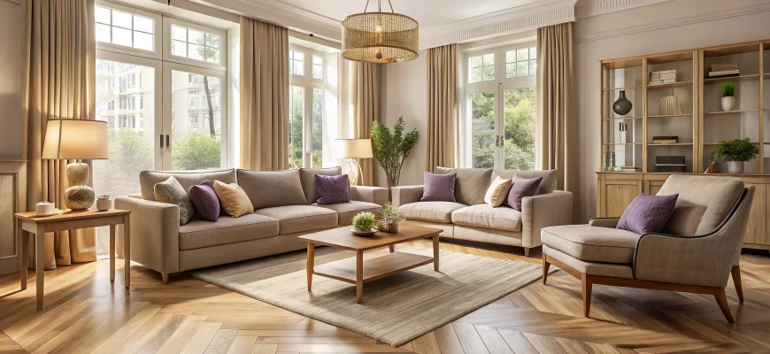 Полноэкранная фотография светлой гостиной в едином стиле: золотистый дуб на полу и мебели, тауп‑текстиль, коричнево‑фиолетовые акценты, большая рама окна и аккуратная расстановка мебели — естественный свет.